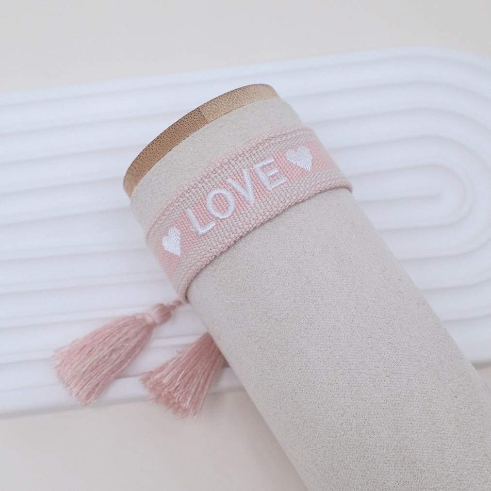 Wholesale Cord Embroiderable Logo Ethnic Style Letter Woven Tassel Bracelet